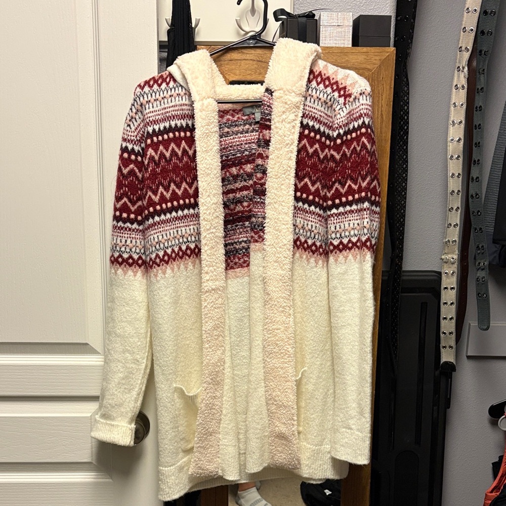 Cozy Red and Cream Hooded Cardigan